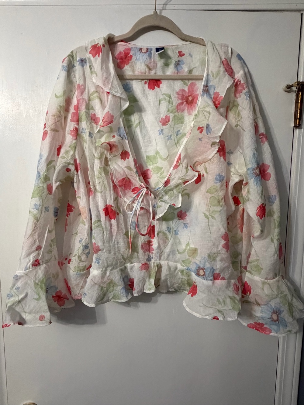 Old Navy White Floral Tie-Front Ruffle Blouse